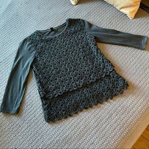 XXS J Crew Black 3/4 Sleeve Textured + Tiered Top